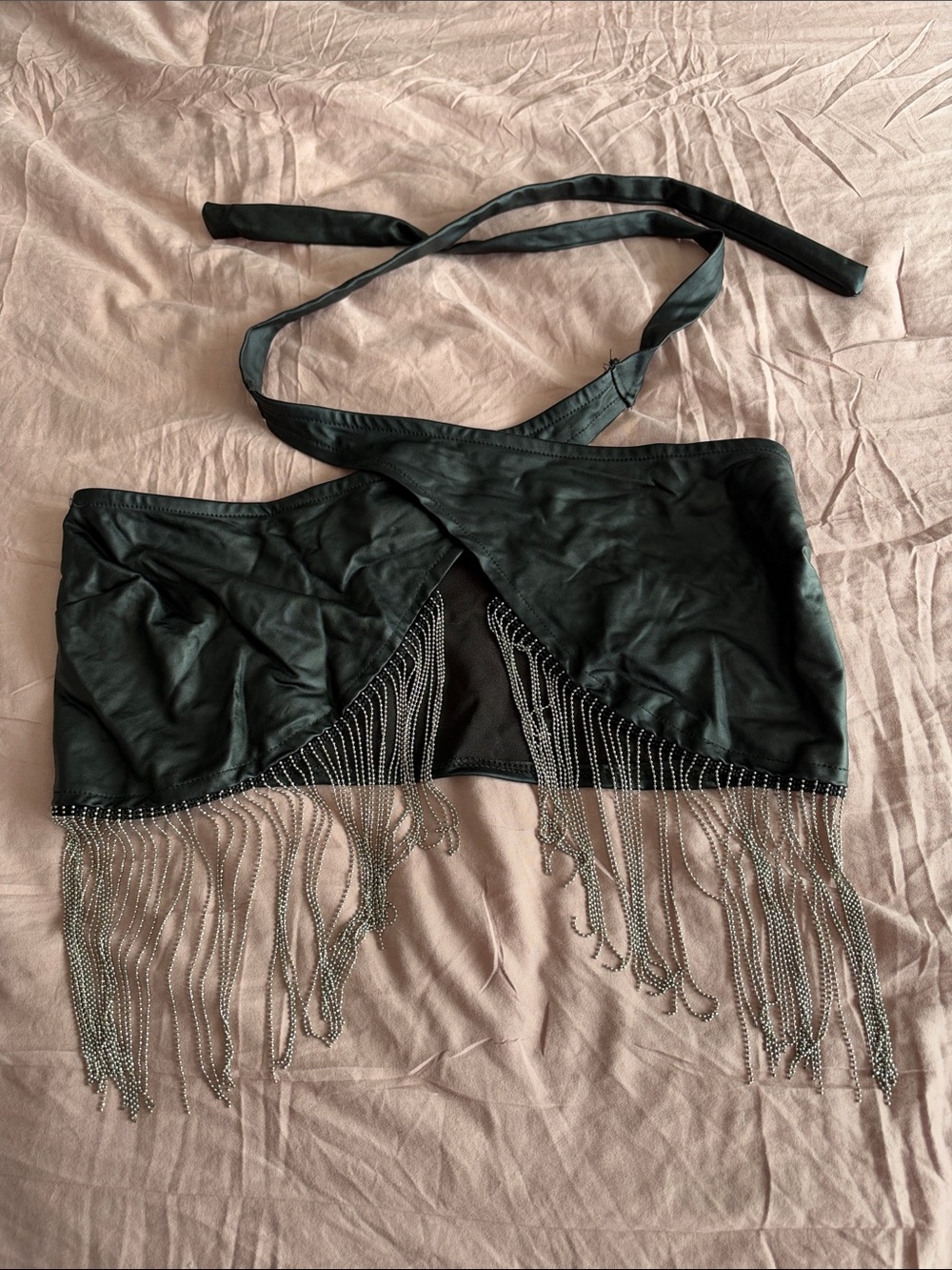 Windsor Black Halter Crop Top with Silver Chain Fringe